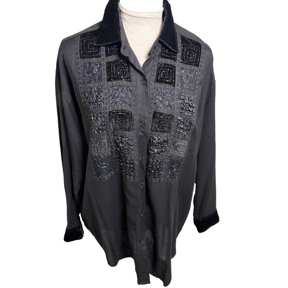 Vtg 90's DD Designs Beaded Patchwork Button Up Shirt~M~Black Oversize Whimsigoth